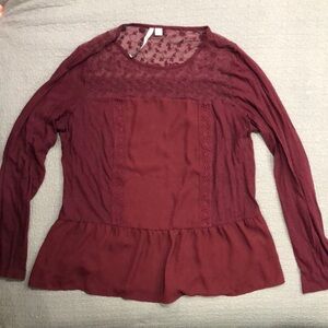 LC Lauren Conrad Burgundy Long Sleeve Peplum Blouse